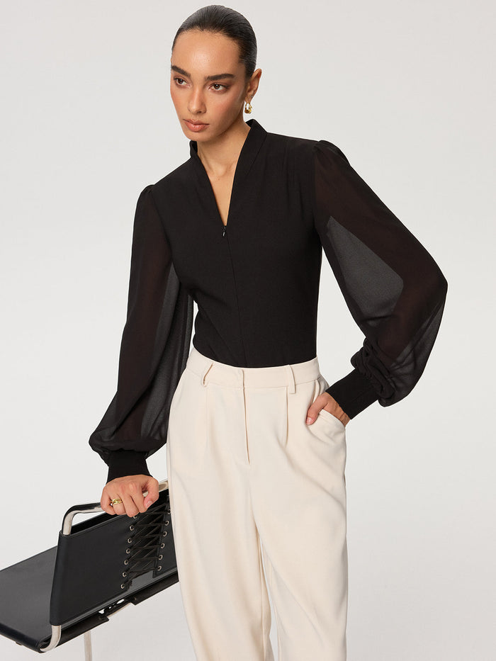 Zip Detail Chiffon Sleeves Blouse for Women with Elegant Design