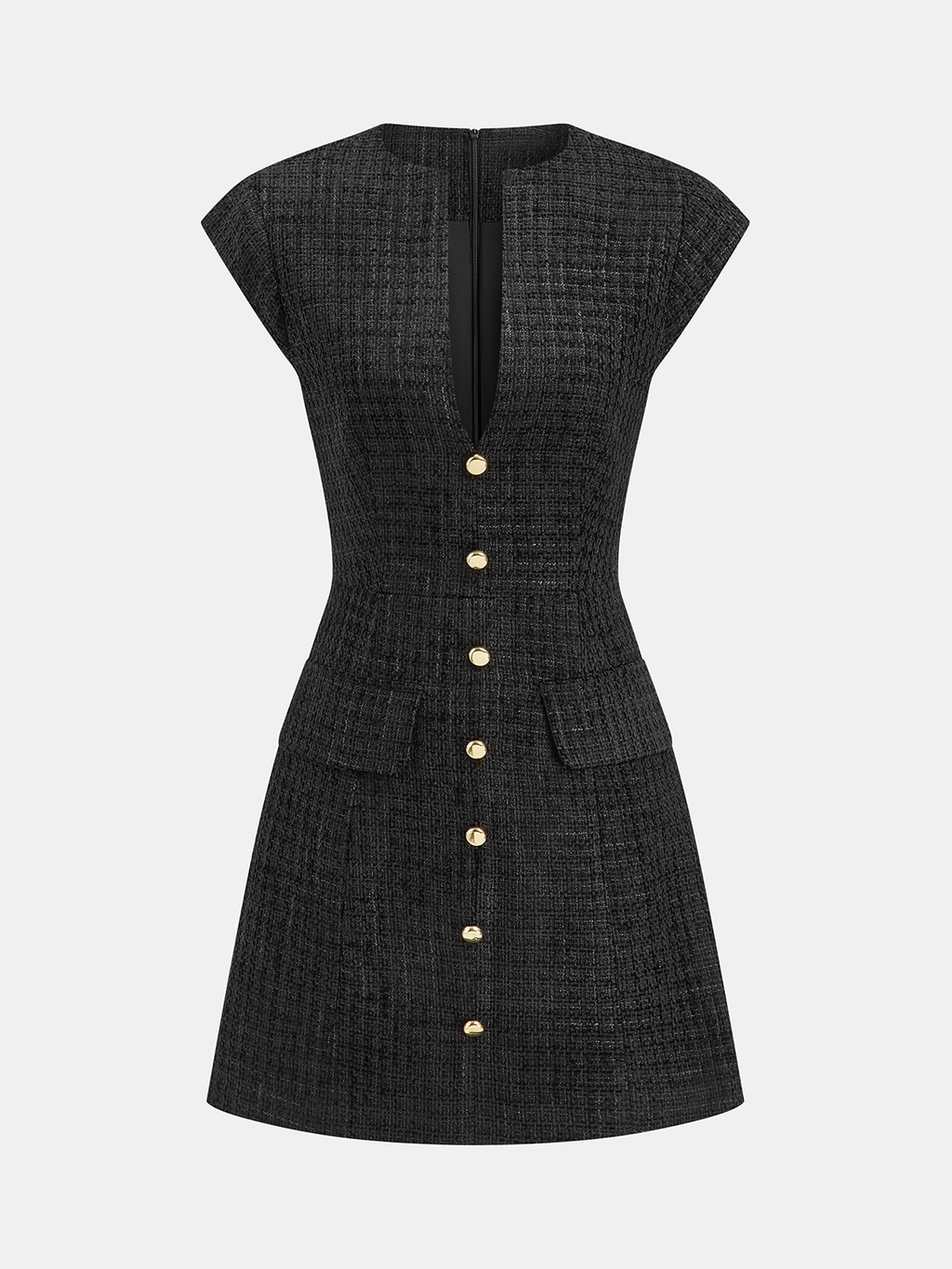 Metal Button Tweed Sleeveless Mini Dress for Spring-Summer Season