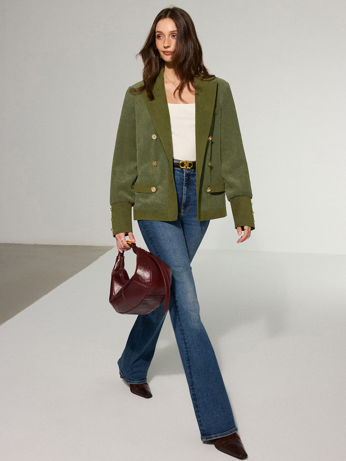 Corduroy Lapel Metal Button Blazer for Women Casual Office Wear