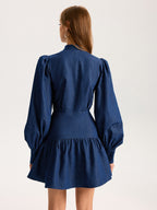 Denim Stand Collar Puff Sleeve Mini Dress for Women, Casual Style