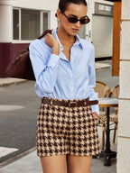 Houndstooth Belted High-Waist Tailored Shorts for Women