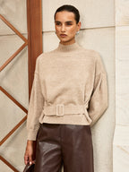 Wool Blend Mock Neck Belted Sweater for Women Cozy Winter Fashion