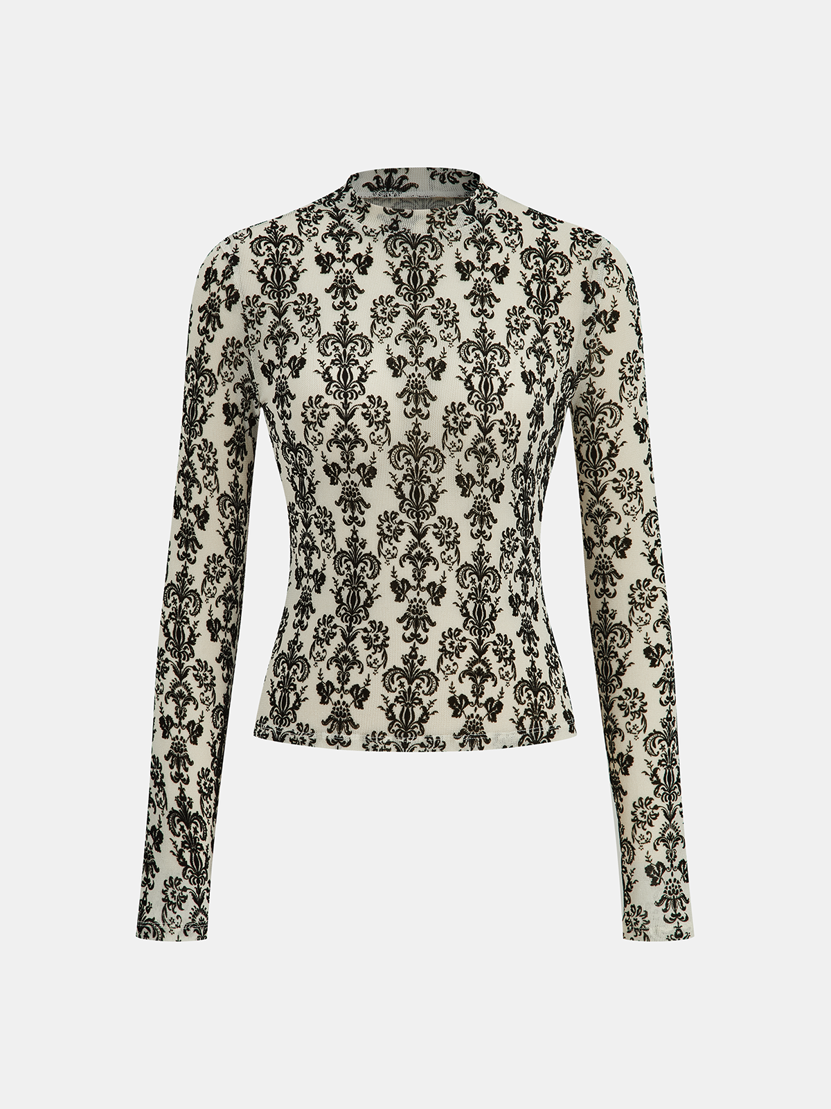 Damask Print Mock Neck T-Shirt Long Sleeve Casual Top