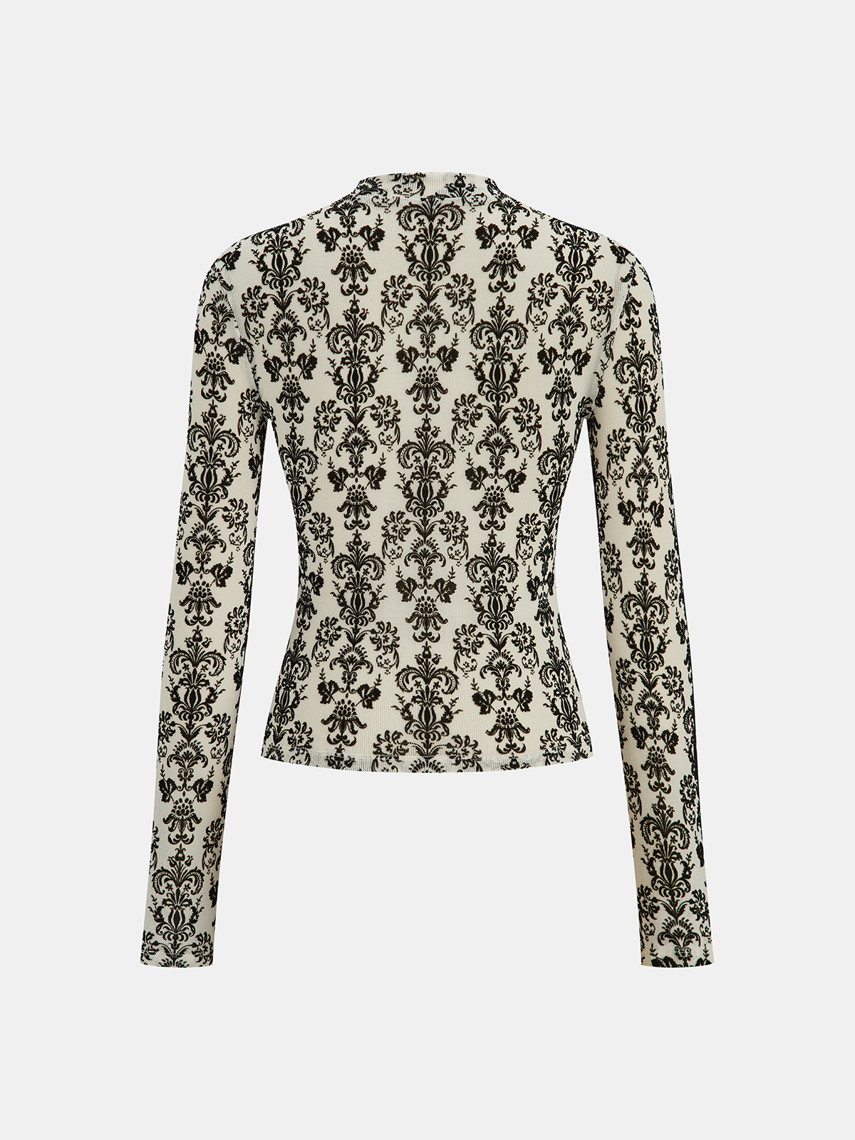 Damask Print Mock Neck T-Shirt Long Sleeve Casual Top