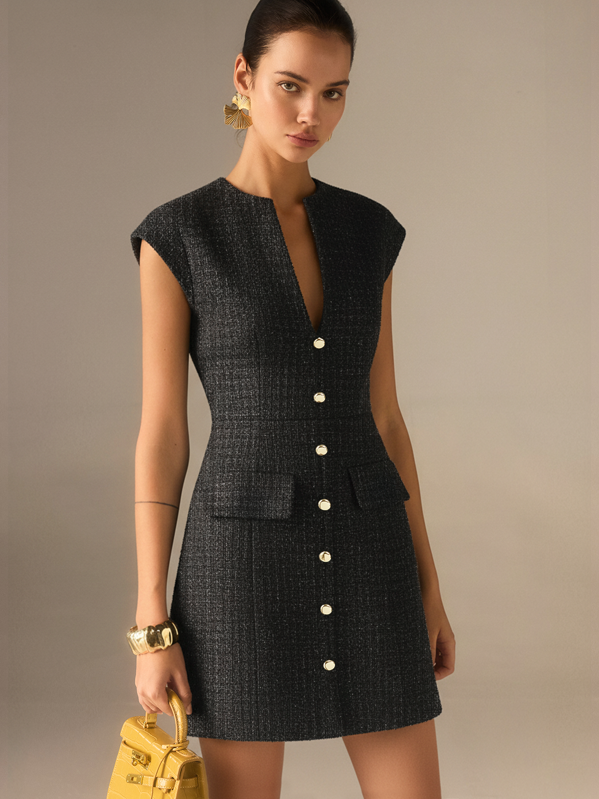 Metal Button Tweed Sleeveless Mini Dress for Spring-Summer Season