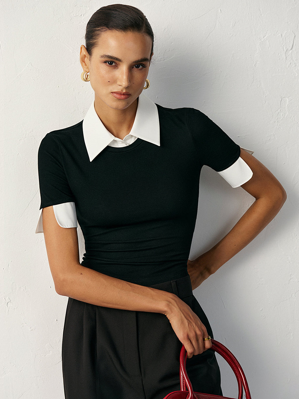 2 in 1 Paneled Collar And Cuffs Fitted T-Shirt Comfortable Stretch Fabric