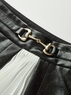 Contrast Pleated Faux Leather Mini Skirt High Waist Trendy Fashion