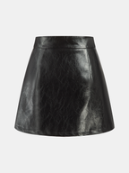 Contrast Pleated Faux Leather Mini Skirt High Waist Trendy Fashion