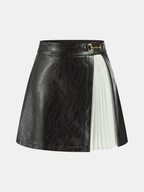 Contrast Pleated Faux Leather Mini Skirt High Waist Trendy Fashion