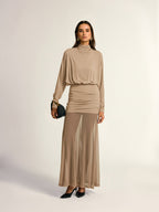 Turtleneck Long Sleeve Drape Ruched Mesh Dress Elegant Party Evening Wear