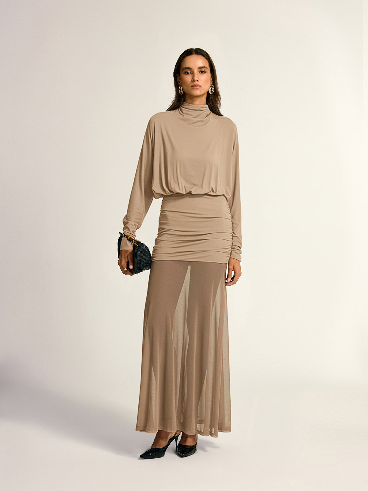 Turtleneck Long Sleeve Drape Ruched Mesh Dress Elegant Party Evening Wear