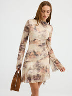 Tie-Dye Print Flared Sleeve Ruched Mini Dress for Women Summer Casual