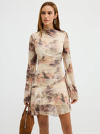 Tie-Dye Print Flared Sleeve Ruched Mini Dress for Women Summer Casual