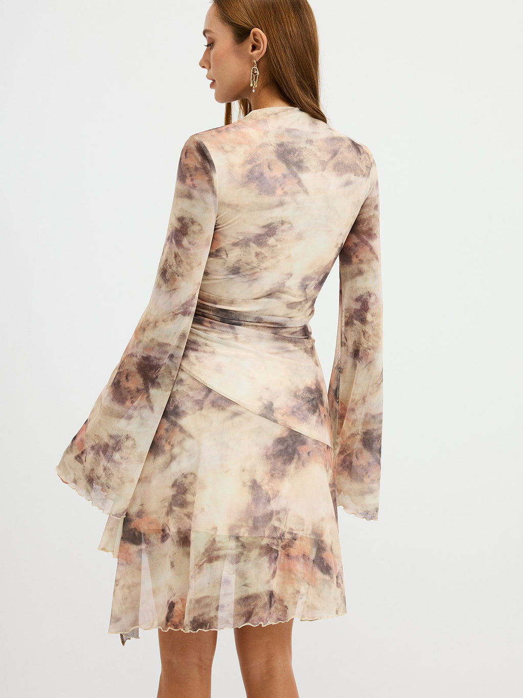 Tie-Dye Print Flared Sleeve Ruched Mini Dress for Women Summer Casual