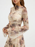 Tie-Dye Print Flared Sleeve Ruched Mini Dress for Women Summer Casual
