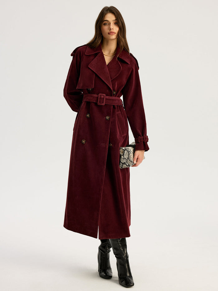 Belted Double-Breasted Suede Effect Long Trench Coat for Women's Fashion