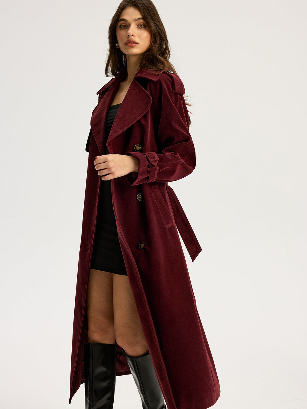 Belted Double-Breasted Suede Effect Long Trench Coat for Women's Fashion