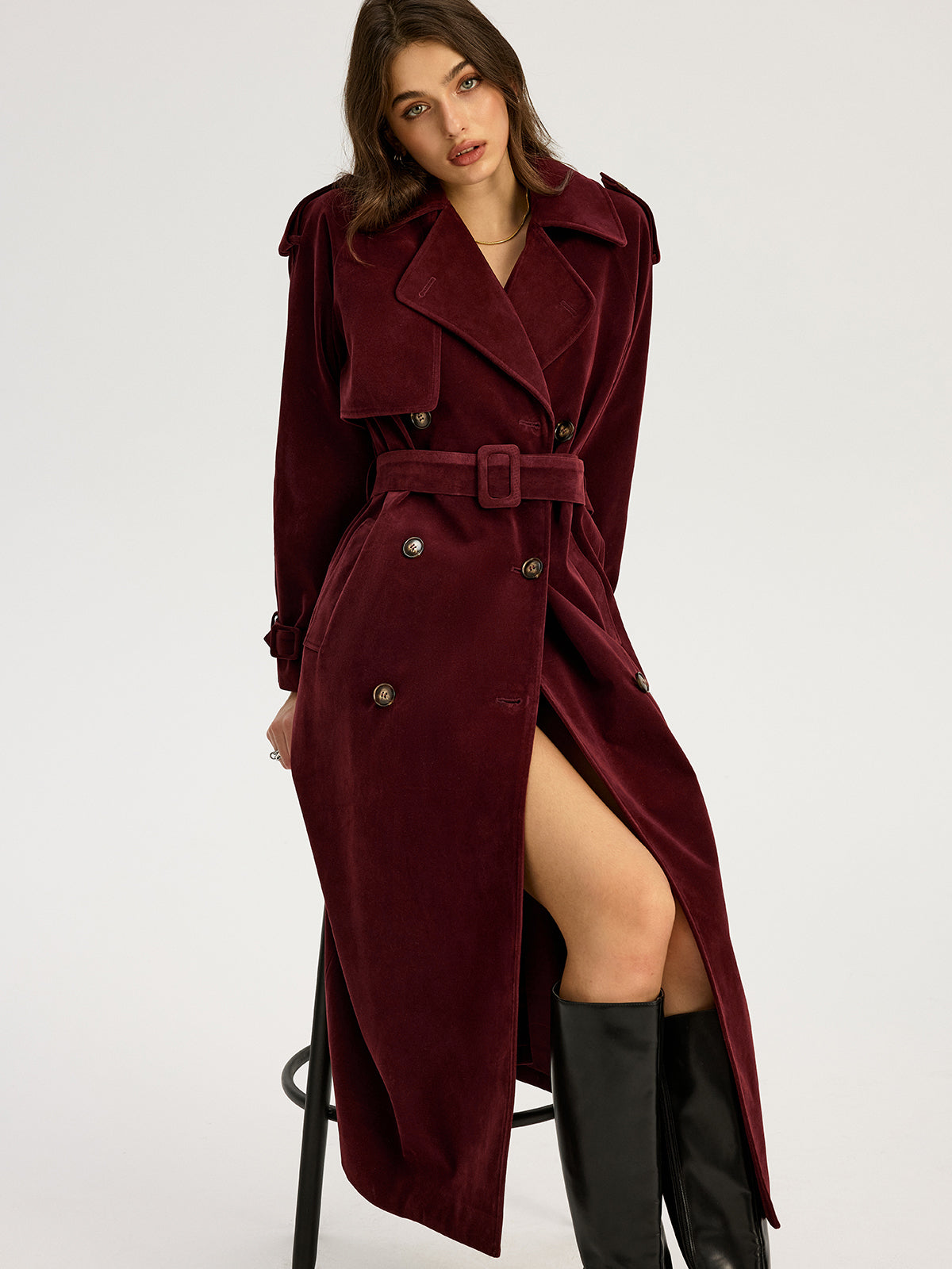 Belted Double-Breasted Suede Effect Long Trench Coat for Women's Fashion