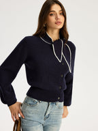Tie Neck Button Knit Top - Women's Casual Long Sleeve Pullover