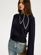 Tie Neck Button Knit Top - Women's Casual Long Sleeve Pullover