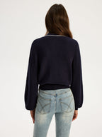 Tie Neck Button Knit Top - Women's Casual Long Sleeve Pullover