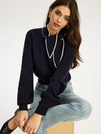 Tie Neck Button Knit Top - Women's Casual Long Sleeve Pullover