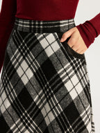 High Waist Line Flared Plaid Long Skirt with Elastic Band Detail