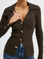 Polo Neck Ribbed Knit Top - Casual Long Sleeve Sweater