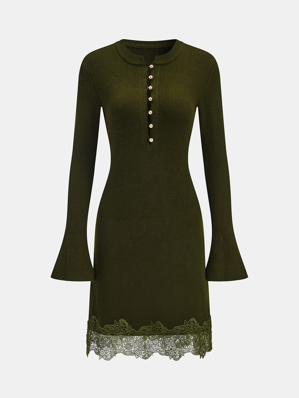 Wool Blend Lace Hem Metal Button Mini Dress with Elegant Fit