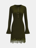 Wool Blend Lace Hem Metal Button Mini Dress with Elegant Fit