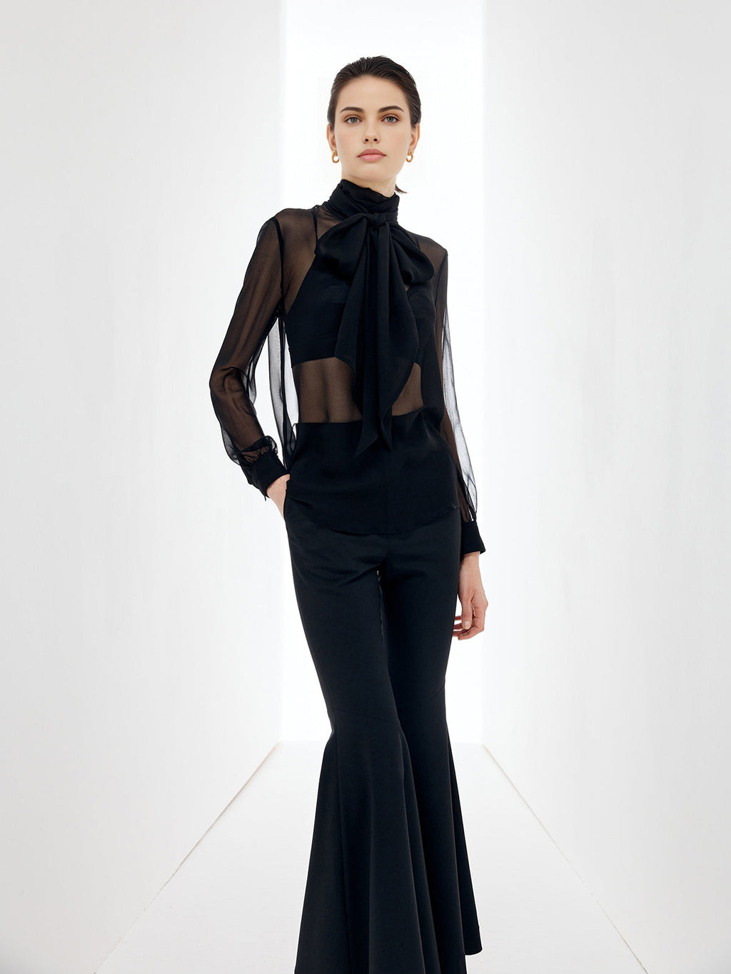 Sheer Bow Chiffon Blouse Elegant Lightweight Long Sleeve Pullover