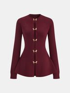 Bow Buckle Peplum Knit Cardigan Lightweight Layering Fashion Sweater