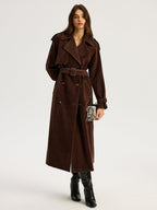 Belted Double-Breasted Suede Effect Long Trench Coat for Women's Fashion