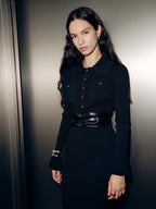 Collared Long Sleeve Maxi Dress with Button Detailing and Waist Tie
