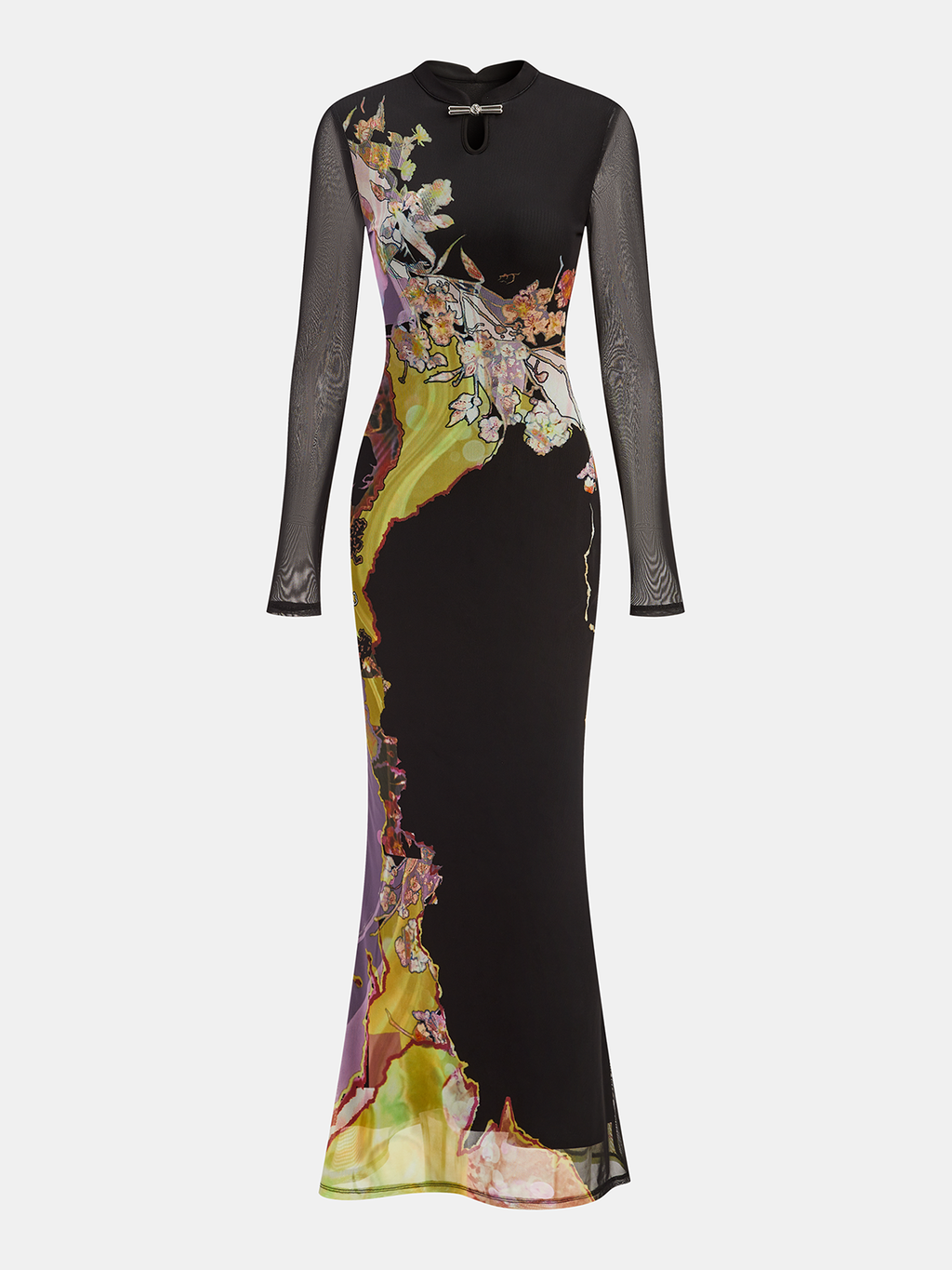Mesh Long Sleeve Floral Print Maxi Dress for Women Casual Wear