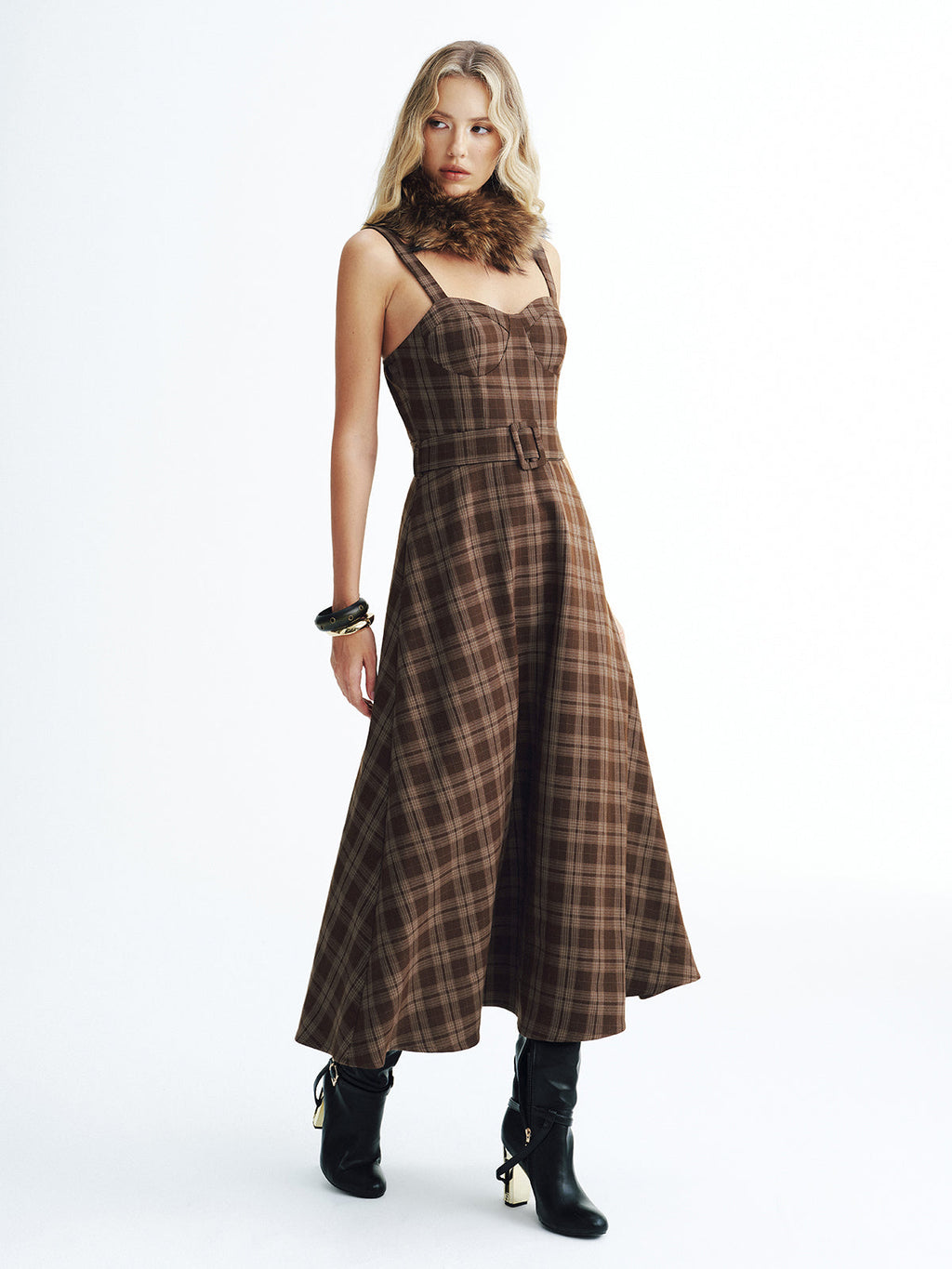 Belted Plaid Strappy Maxi Dress with Adjustable Straps