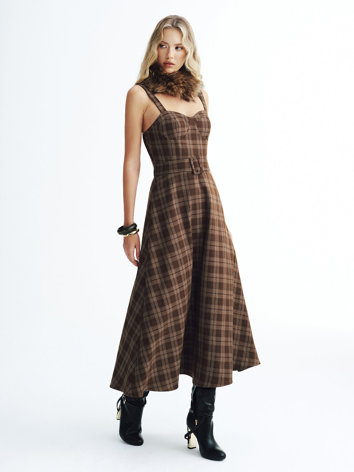 Belted Plaid Strappy Maxi Dress with Adjustable Straps