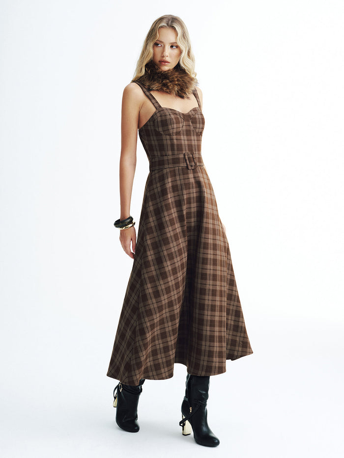 Belted Plaid Strappy Maxi Dress with Adjustable Straps