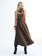 Belted Plaid Strappy Maxi Dress with Adjustable Straps
