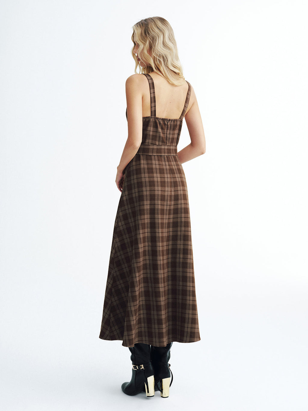 Belted Plaid Strappy Maxi Dress with Adjustable Straps