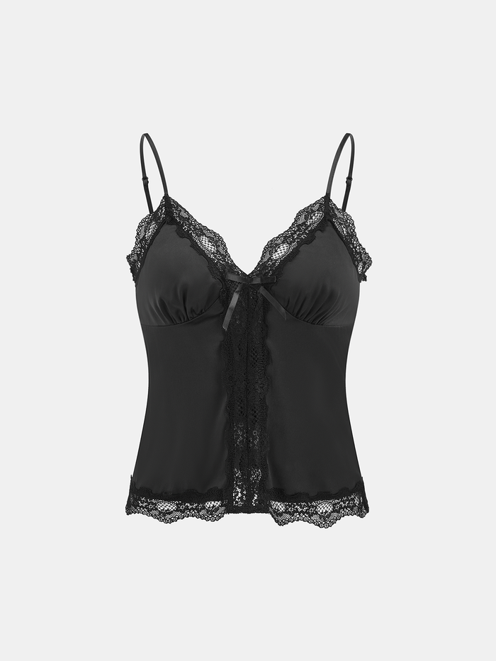 Lace Trim Satin Cami Top with Adjustable Straps
