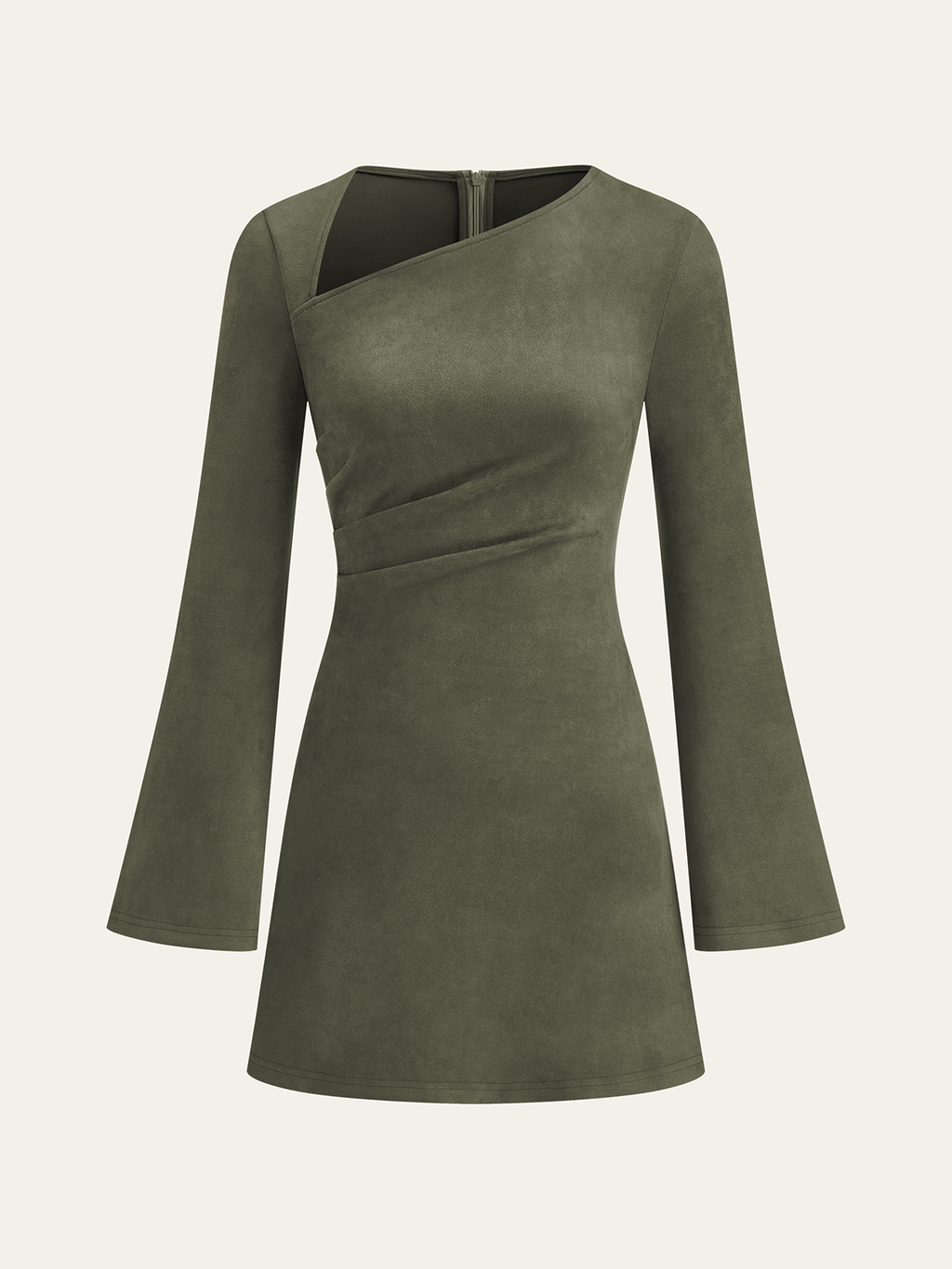 Asymmetrical Ruched Long Sleeve Suede Effect Mini Dress for Women Casual Party Wear