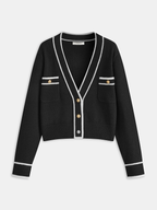 Contrast Trim Metal Button Wool-Blend Cardigan for Women Fall Fashion