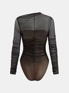 Sheer Mesh Ruched Long Sleeve Bodysuit Women's Fashion Trendy Top