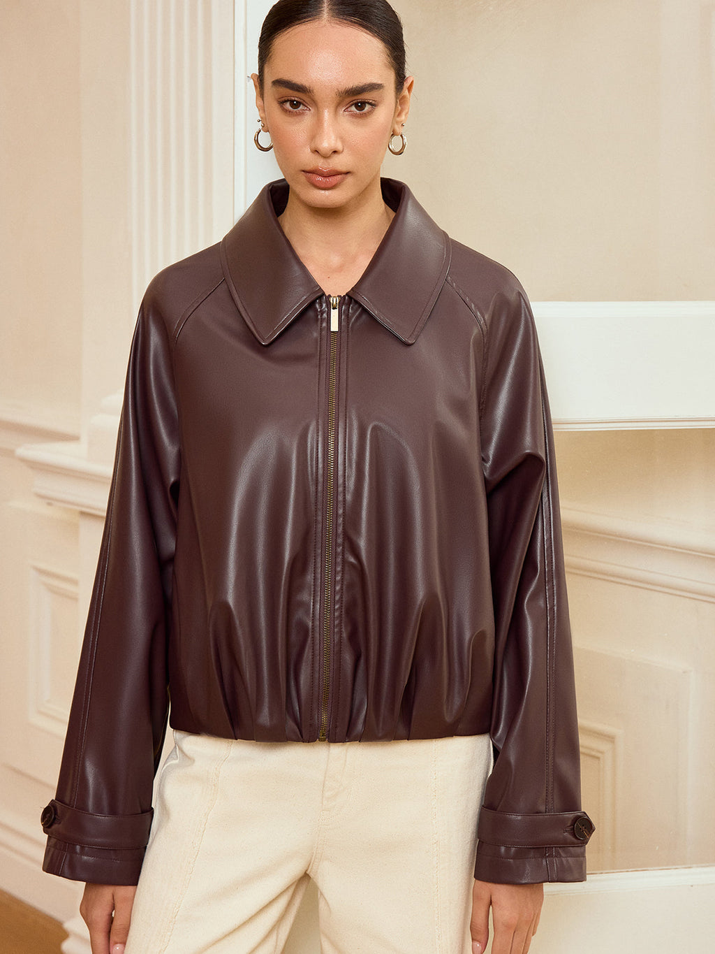 Collared Zip-Up Faux Leather Jacket for Women's Casual Outfits