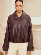 Collared Zip-Up Faux Leather Jacket for Women's Casual Outfits