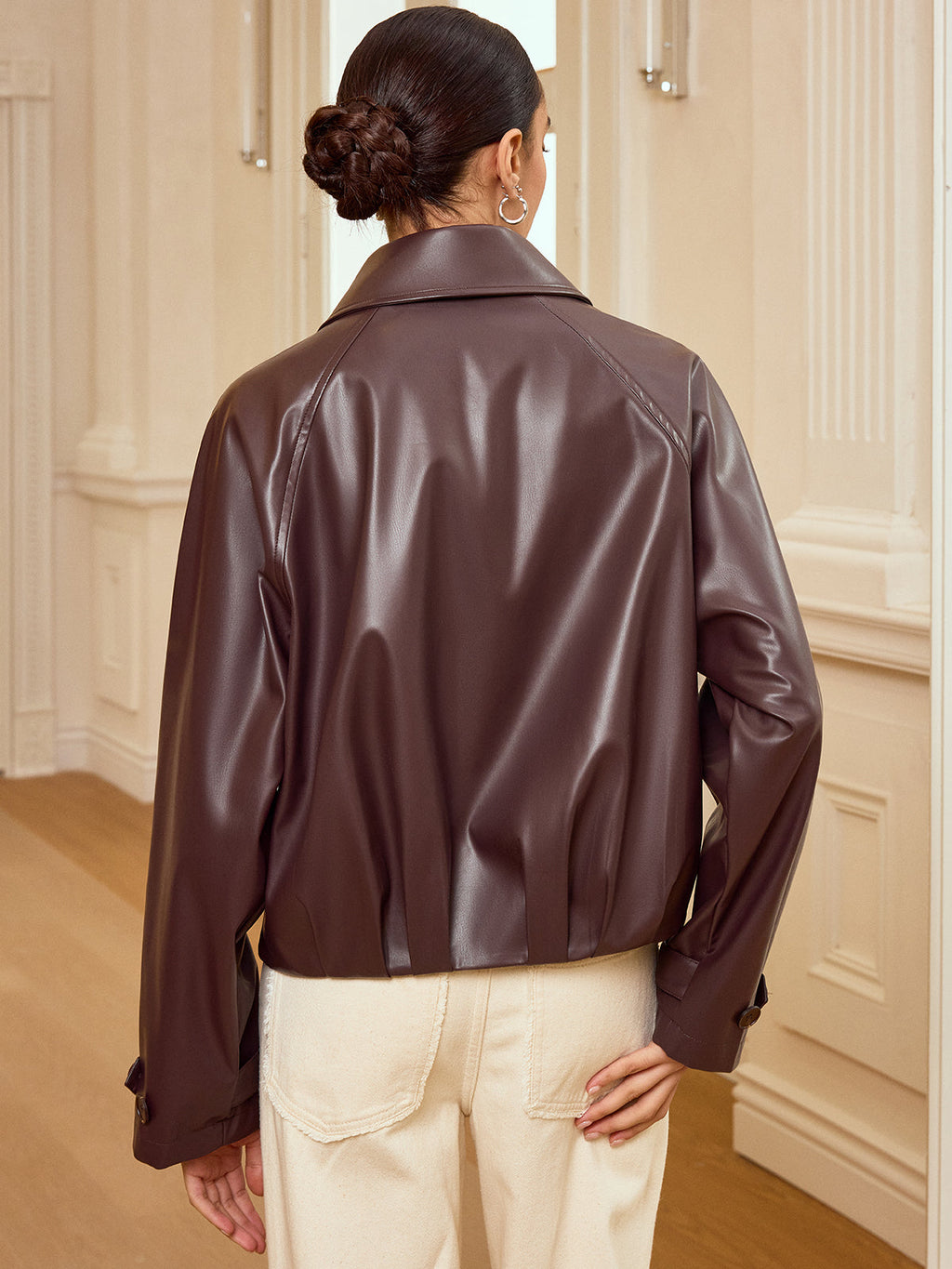Collared Zip-Up Faux Leather Jacket for Women's Casual Outfits
