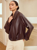 Collared Zip-Up Faux Leather Jacket for Women's Casual Outfits