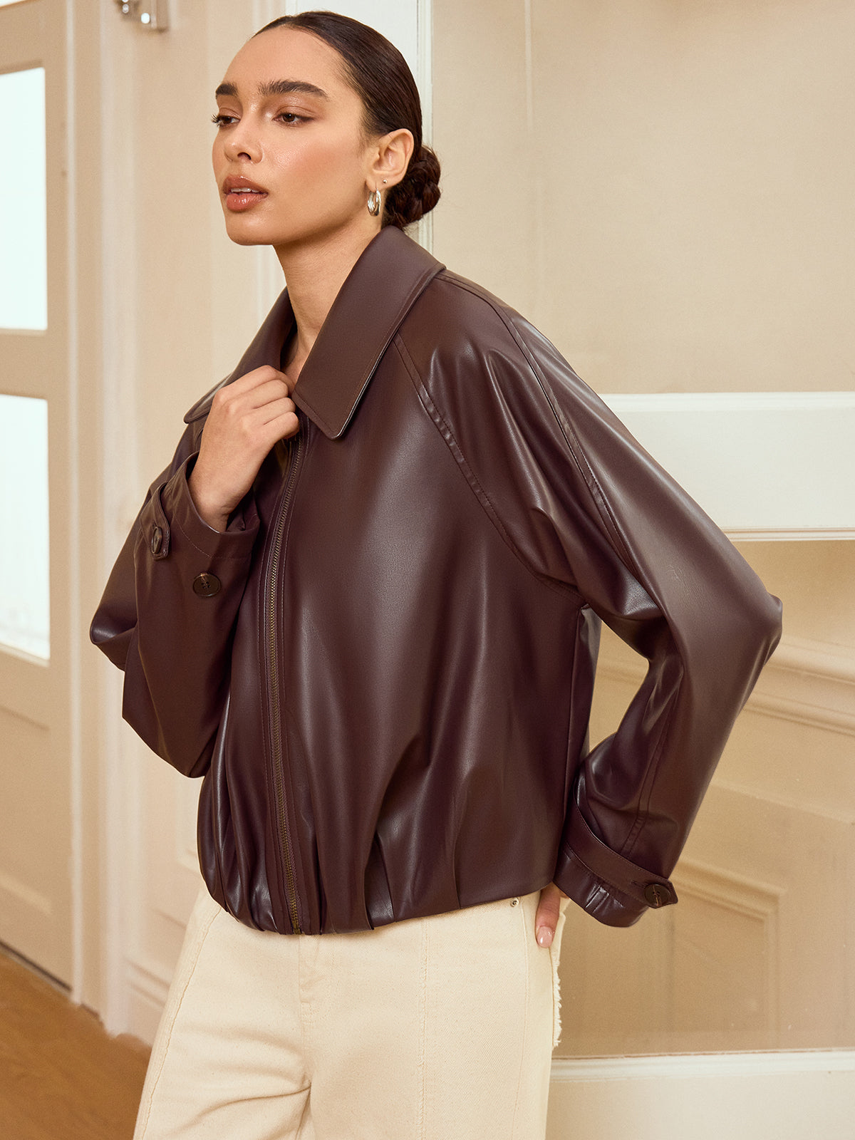 Collared Zip-Up Faux Leather Jacket for Women's Casual Outfits