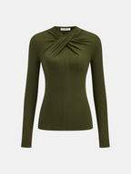 Twisted Front Detail Long Sleeve Knit Top Comfortable Lightweight Apparel